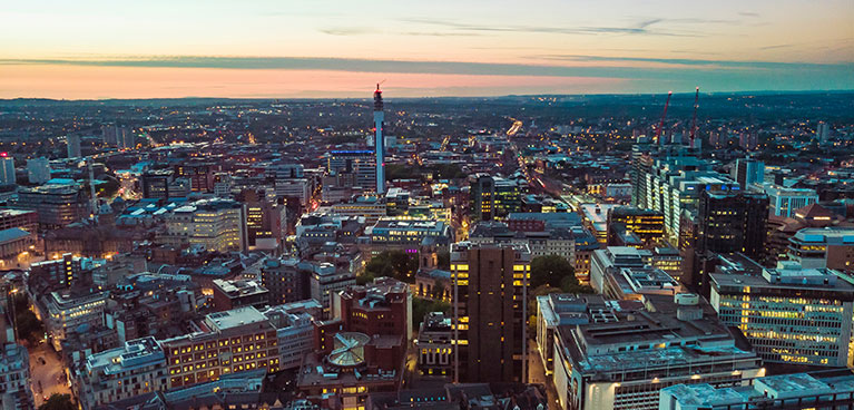 City skyline at sunset