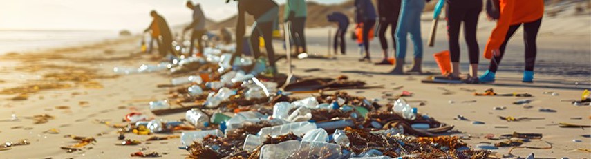 people clearing up rubbish on a beach