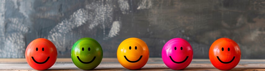 Six colourful balls with smiley faces on a table