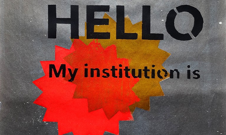 Words "Hello My institution is" on a grey background with red and orange shapes