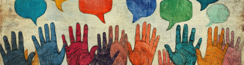Illustration of raised hands with speech bubbles