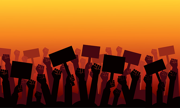 Illustration of a group of fists raised in the air with some holding placards. 