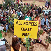 Women sitting outside on the ground holding up a sign saying all forces cease fire