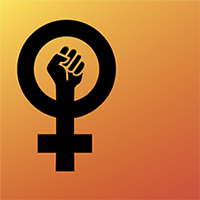 Women Gender Symbol with a raised fist in the middle on an orange background