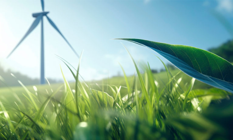 Close-up of a green grass field with a wind turbine on the background representing clean renewable energy