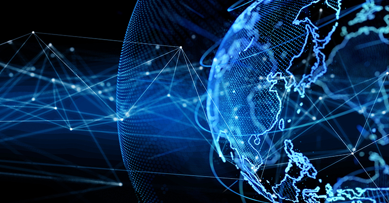 blue globe with flares shooting out