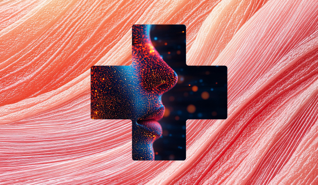 Dark cross with the side of a person's face inside it on a pink stripy background