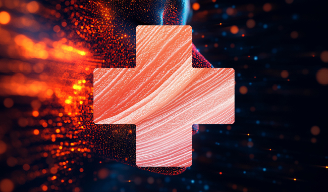 A pink medical cross on a neon and black background