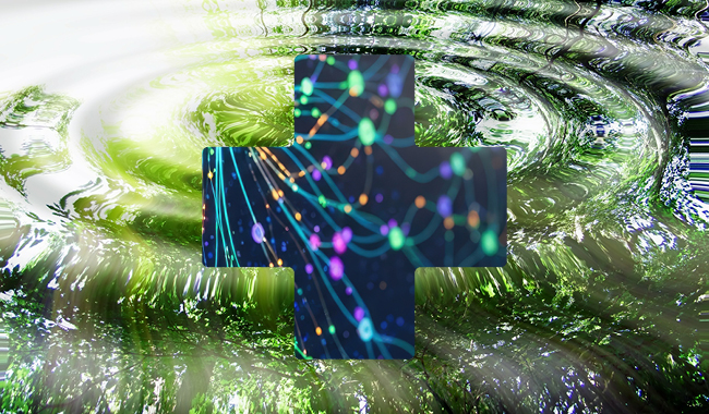 A medical cross with multi-coloured lights on a green swirly background
