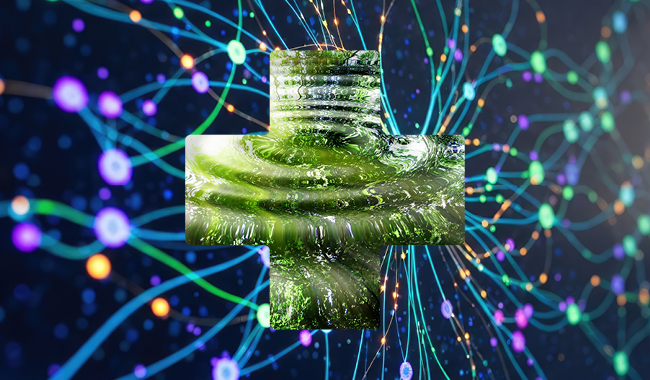 A green medical background on a dark background with neon lights