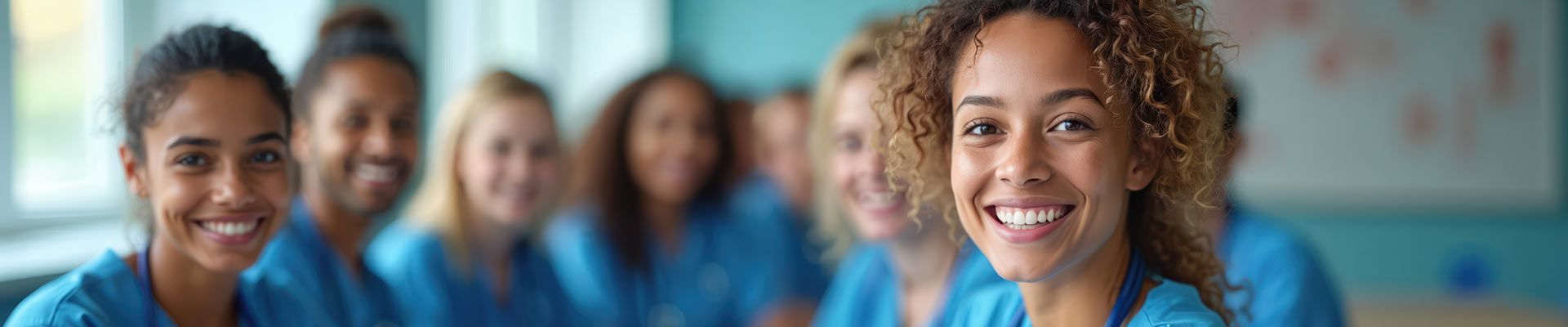 Nurses sat round a table in blue uniform smiling towards the camera