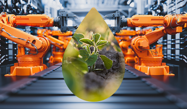 Manufacturing concept with a raindrop filled with a plant
