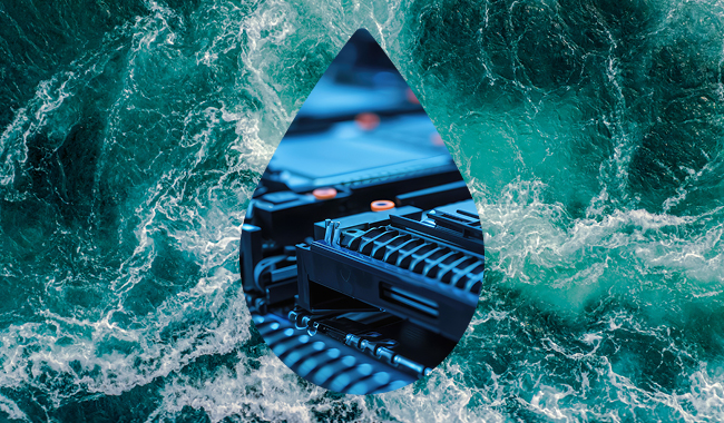 Sea concept with a raindrop filled with technology equipment