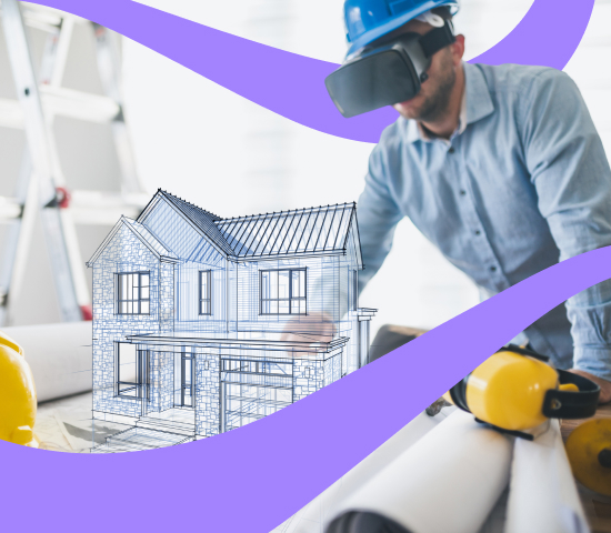 Person wearing a blue hard hat and VR headset interacting with architectural plans, with a digital wireframe house model superimposed, suggesting VR use in construction planning.