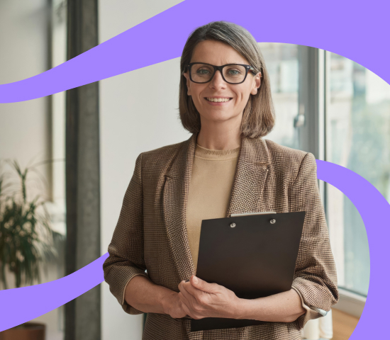 Person in a brown checkered blazer holding a clipboard indoors, with purple wavy lines overlaid.