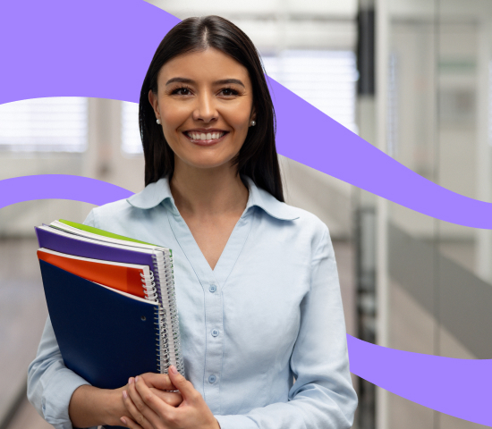 Person holding notebooks and folders indoors, with purple wavy lines in the background.