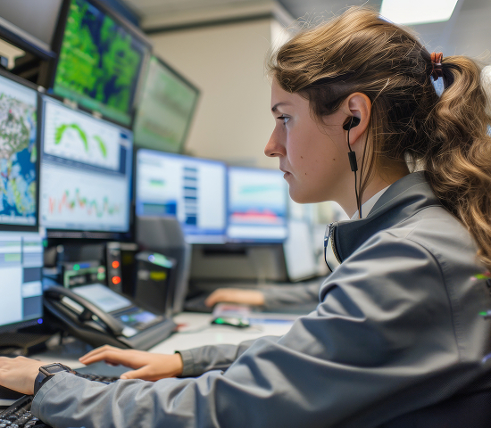 Person wearing earphones seated at a desk with multiple monitors displaying data and graphs in a control room.