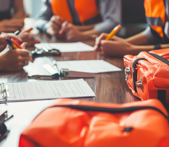 close up of a table with clipboards and emergency bags. The hands of emergency workers are on the table also.  