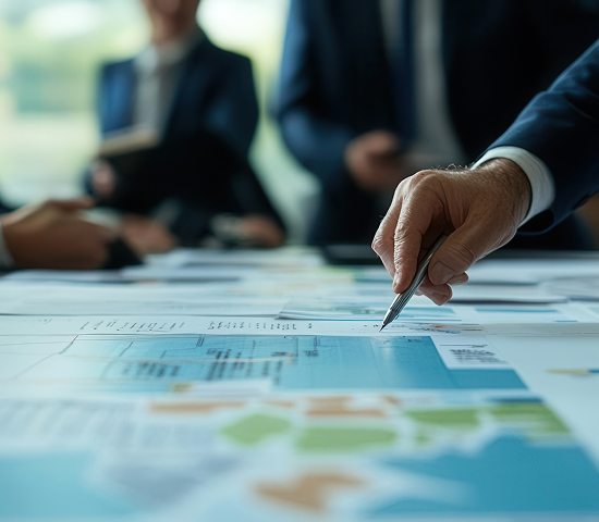 Close-up of a hand with a pen pointing to a document or map on a table, with blurred people in the background.
