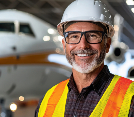 A male and female Ground Handling staff wearing hi vis jackets walking on a runway. 