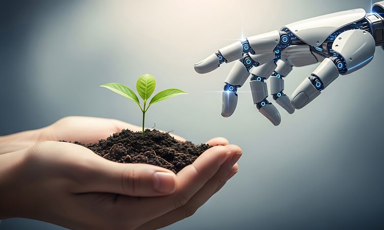 Hand holding soil with a plant with a robotic hand above