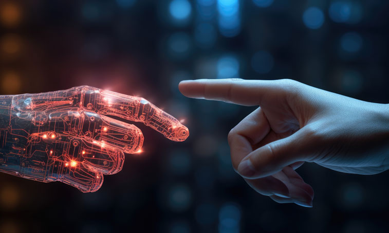 A human finger delicately touches the finger of a robot's metallic finger.