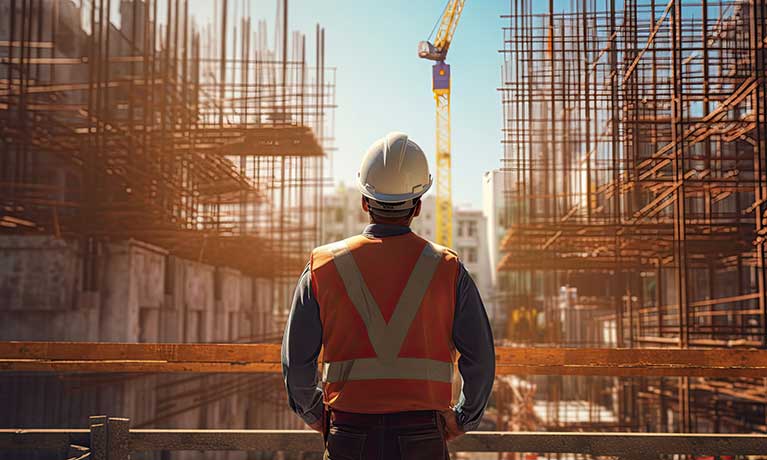 Man in a hard hat looking up at a construction