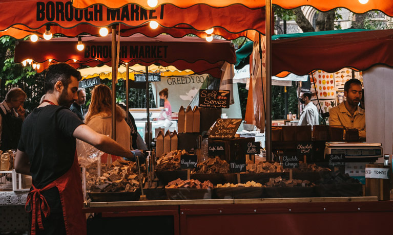 Busy food stalls at Borough Market