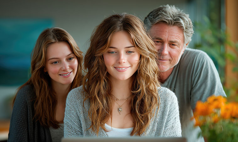 student sat down on a laptop with parents looking over both shoulders