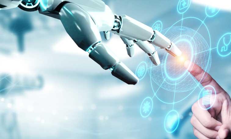 an android hand touching a human hand symbolising genesis of AI and coexistence 