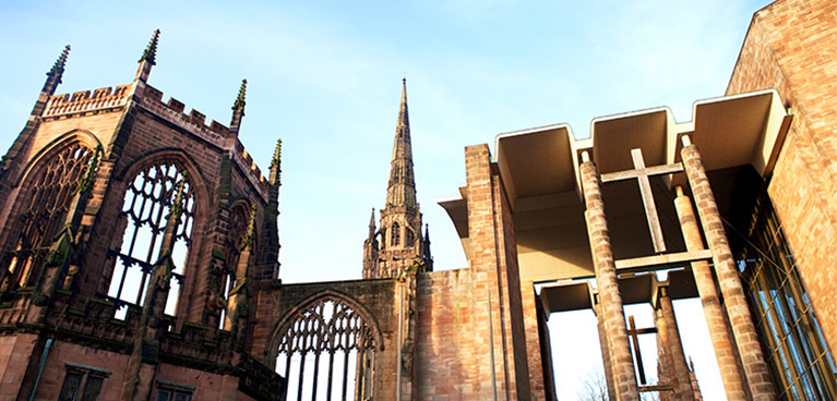 Outside view of the Cathedral looking upwards