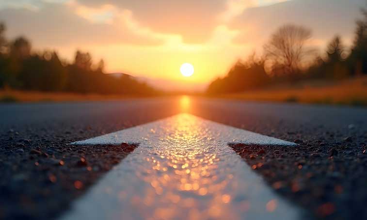 road at sunset with an arrow pointing forward.