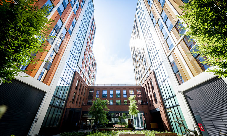 An external view looking up at Bishopsgate accommodation.