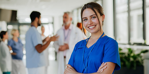 A client in a dietitians office talking and smiling