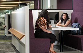 Two females chatting at a table looking into a laptop