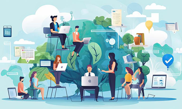 An illustrated image of people on laptops