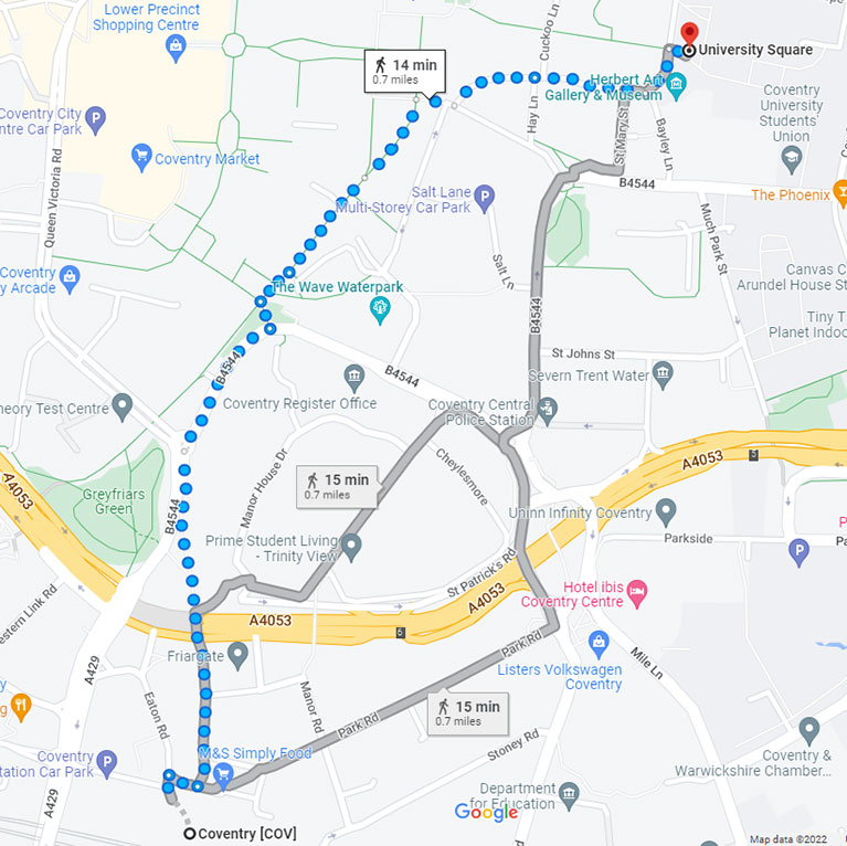 a map of coventry with directions from coventry train station to university square