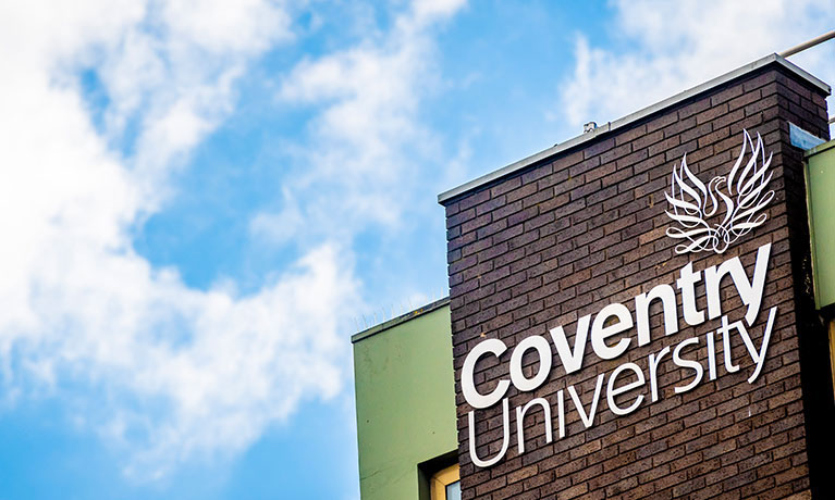 Coventry University logo on the side of the Richard Crossman building