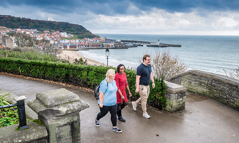 students walking by the coastline on a clear day