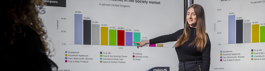 Female student presenting graphs to audience.