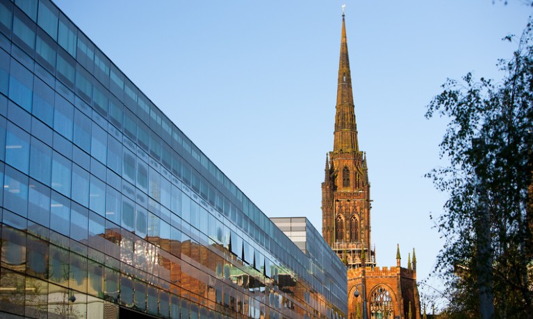 Side of the hub with the cathedral spire in the distance