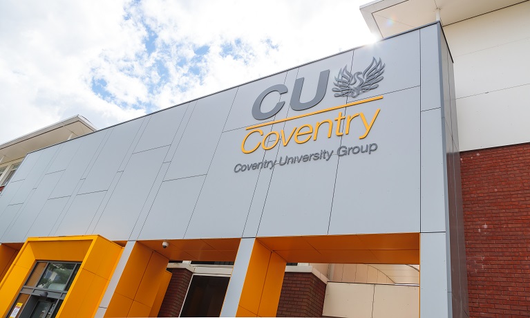 The CU Coventry building with sunny skies in the background