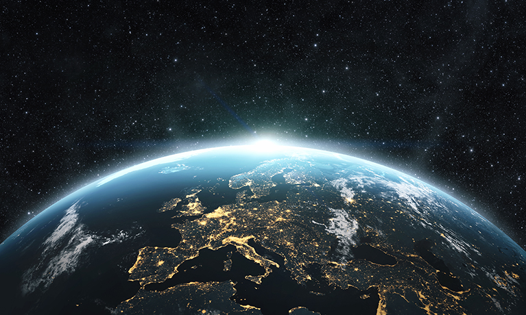 The top of the earth with a dark sky surrounding