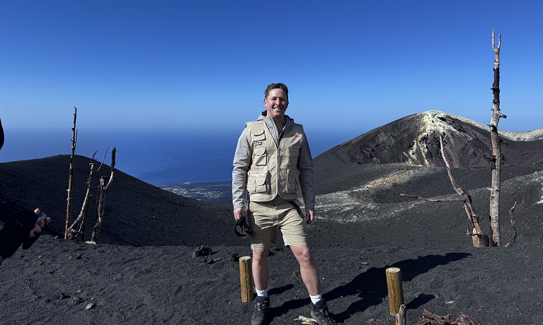 Dr Matt Blackett stood on the volcano Tajogaite
