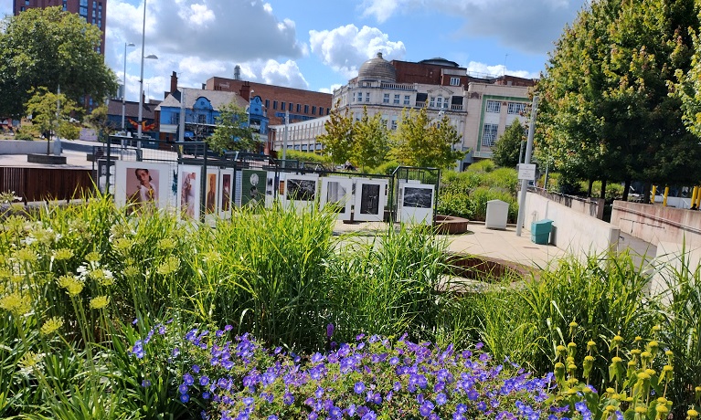 Flowers and greenery in Coventry University's Starley Gardens with an art exhibition and buildings in the background