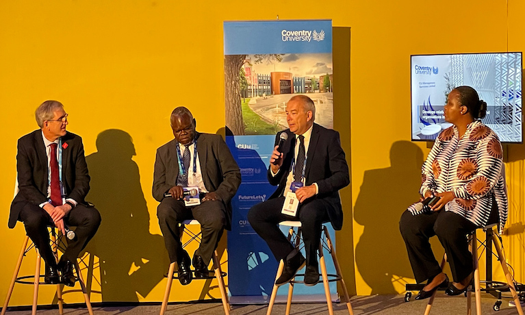 John Humphrey, Her Majesty’s Trade Commissioner for Africa (left), Professor Francis Odhiambo, Vice-Chancellor of The Technical University of Kenya, Professor John Latham CBE, Coventry University Vice-Chancellor and Rwanda Development Board (RDB) CEO Clare Akamanzi (right).