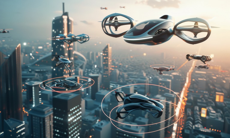 Drones above a futuristic city