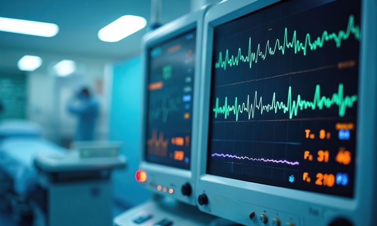 A hospital monitor in the foreground with a blurred medical bed in the background