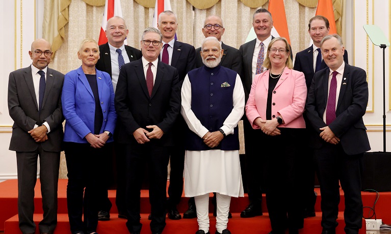 A group shot including Coventry University Vice-Chancellor and other university leaders alongside Sir Keir Starmer and India's Prime Minister Narendra Modi