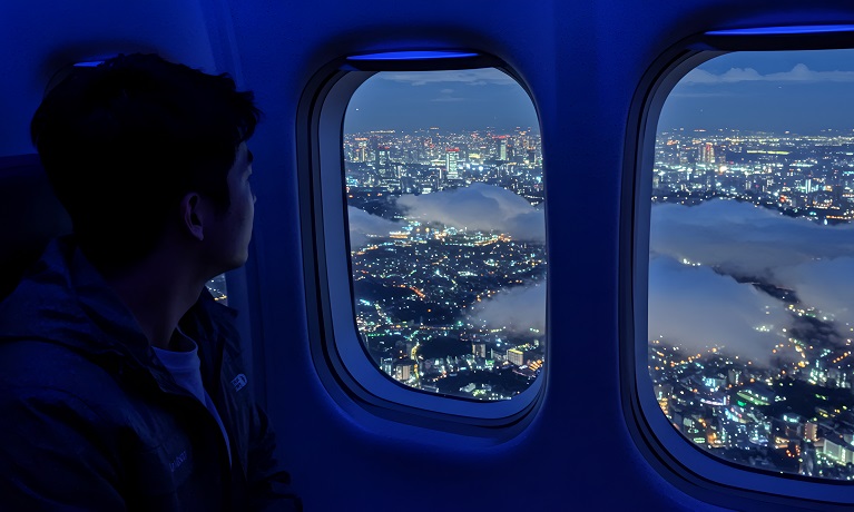 A young man looking out an aeroplane window at a scene of city lights